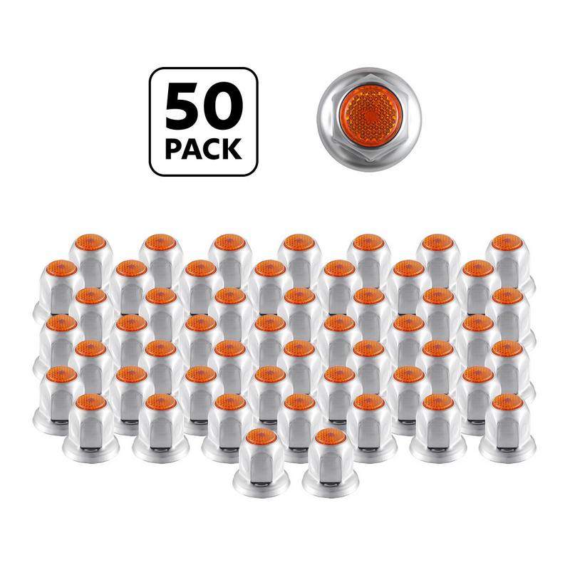 United Pacific 33mm X 2" Chrome Steel Reflector Nut Cover With Flange Amber (50 Pcs) 10038P50