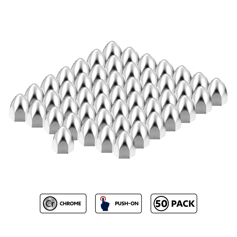 United Pacific 7/16" x 3/4" Chrome Plastic Bullet Nut Covers - Push-On (50-Pack) 10067P50