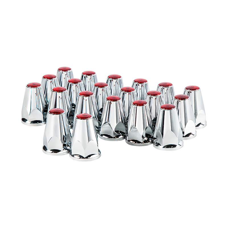 United Pacific 33mm X 2-3/4" Chrome Plastic Nut Covers With Flange Push-On -Red Reflector (20-Pack) 10071