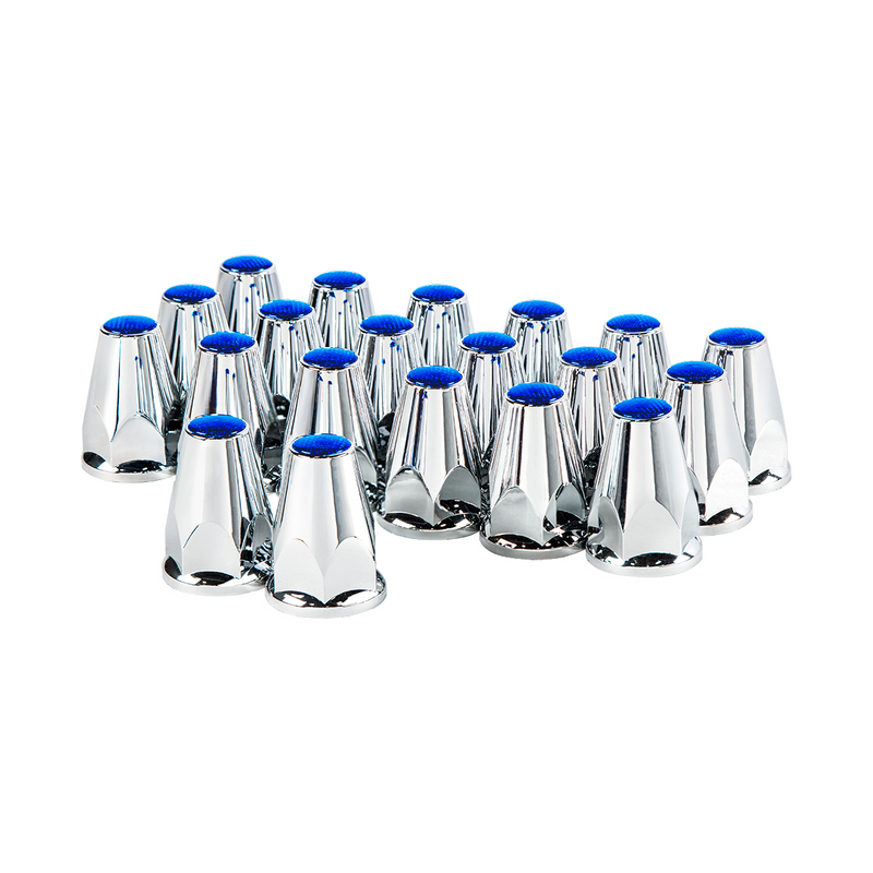 United Pacific 33mm X 2-3/4" Chrome Plastic Nut Covers With Flange Push-On -Blue Reflector (Color Box of 20) 10073