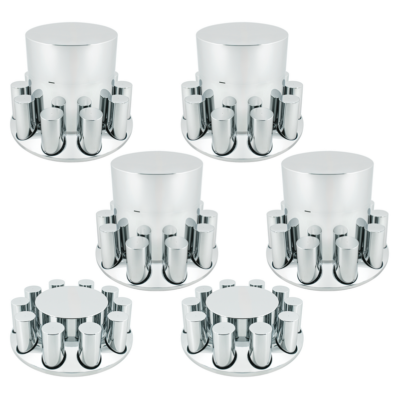 United Pacific Chrome Plastic Flat Top Axle Cover Combo Kit With 33mm X 4-1/4" Standard Thread-On Tall Cylinder Nut Covers 10383