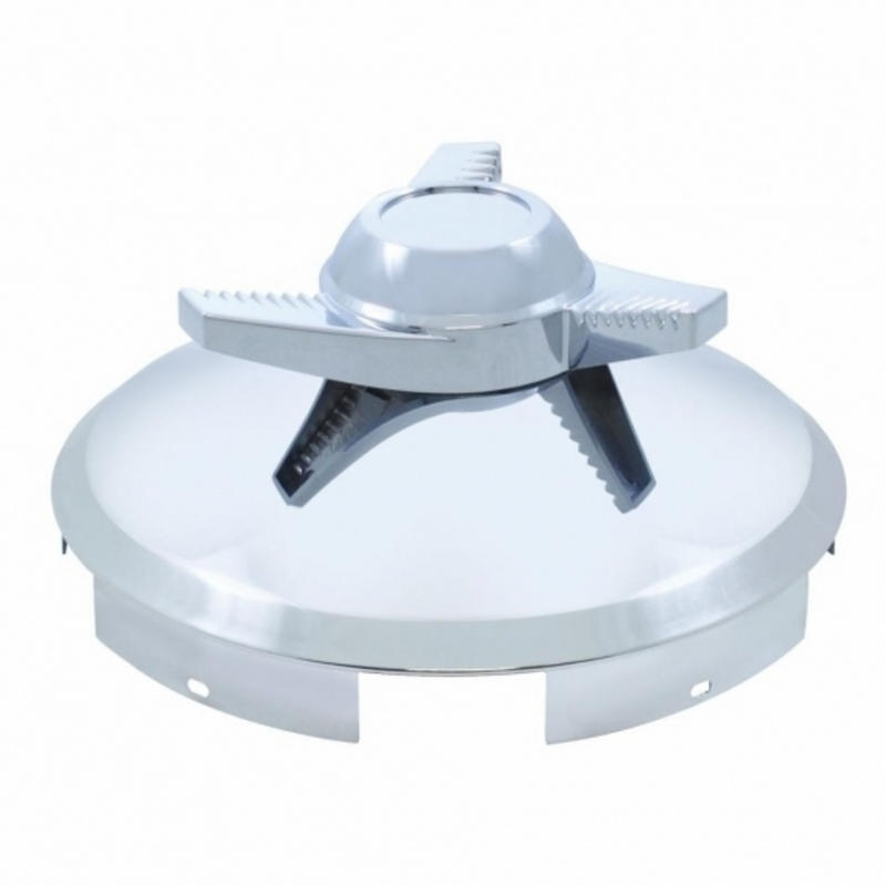 United Pacific 5 Even Notched Chrome Front Hubcap With 3 Bar Right Swing Spinner 1" Lip 11125