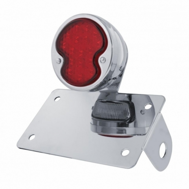 United Pacific Chrome Horizontal Side Mount License Bracket For Motorcycle With 1932 Ford LED "DUO Lamp" Tail Light 20321