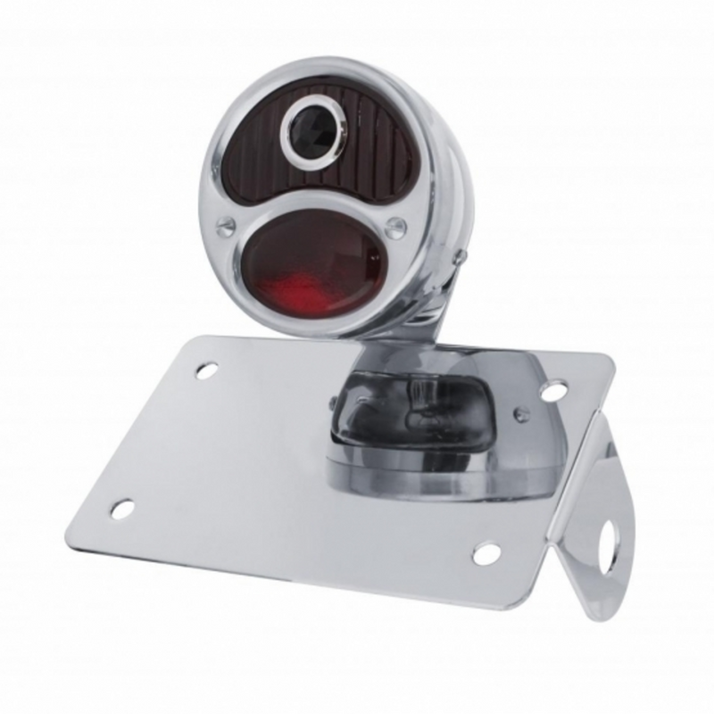 United Pacific Chrome Horizontal Side Mount LP Bracket For Motorcycle With 1928 "DUO Lamp" Blue Dot Lens Tail Light 20322