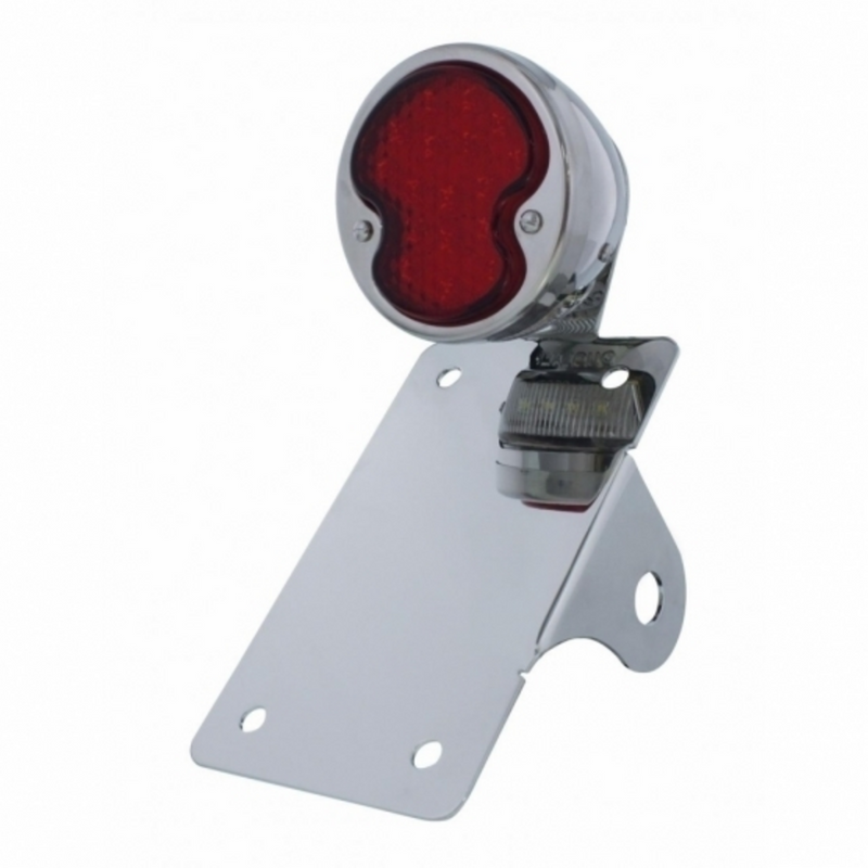 United Pacific Chrome Vertical Side Mount License Bracket For Motorcycle With 1932 "LED DUO Lamp" Tail Light 20327