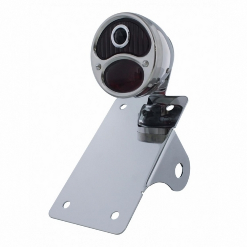 United Pacific Chrome Vertical Side Mount LP Bracket For Motorcycle With 1928 "DUO Lamp" Blue Dot Lens Tail Light 20328