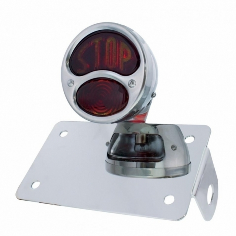 United Pacific Chrome Horizontal Side Mount License Bracket For Motorcycle With 1928 "STOP DUO Lamp" Tail Light 20332