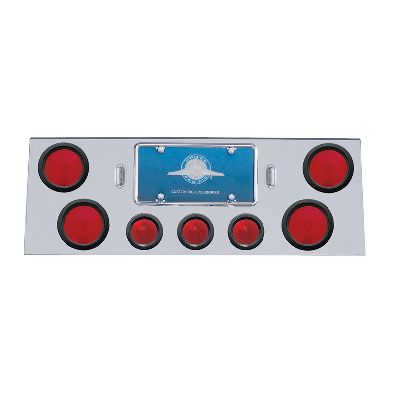 United Pacific Stainless Rear Center Panel With 4X 4" Lights & 3X 2.5" Beehive Lights & Grommets 21496