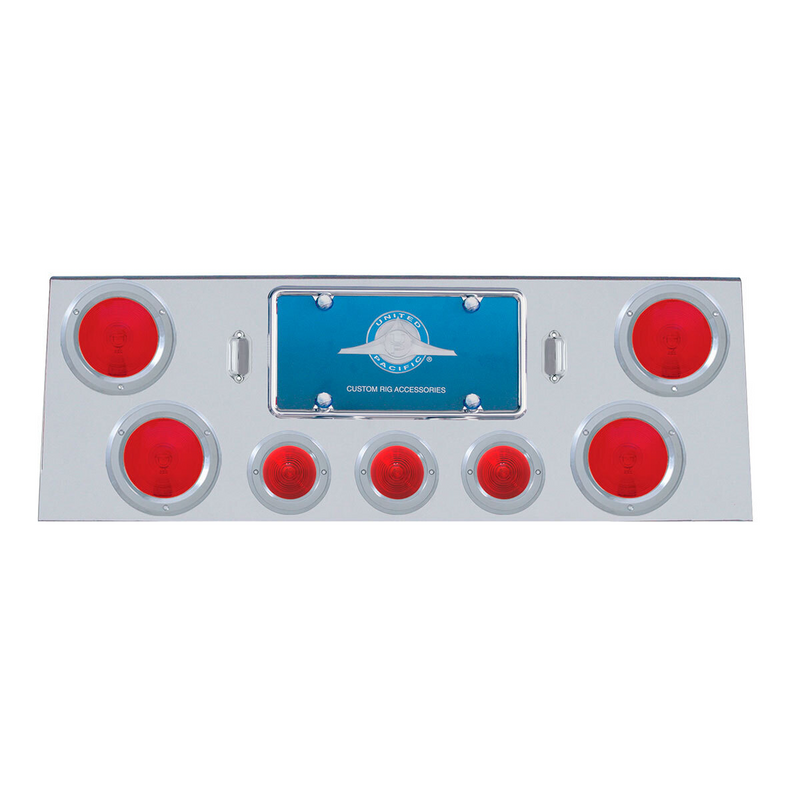 United Pacific Stainless Rear Center Panel With Four 4" Lights & Three 2.5" Beehive Lights & Stainless Bezels 21497