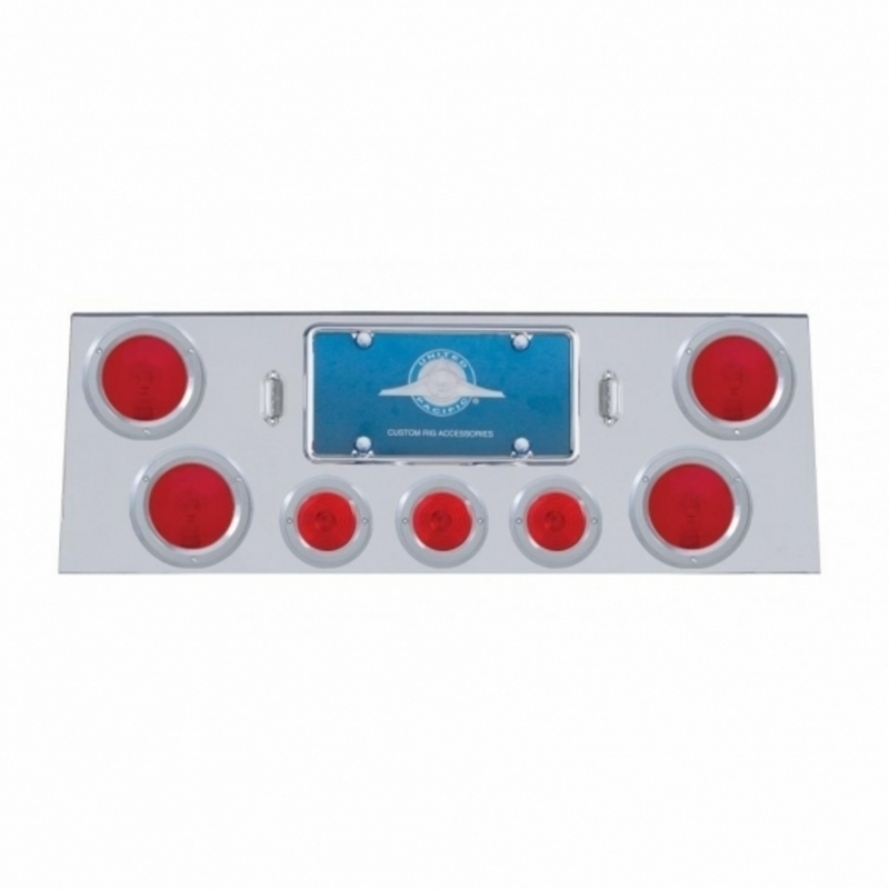 United Pacific Stainless Rear Center Panel With 4X 4" Lights & 3X 2.5" Flat Lights & Bezels 21609