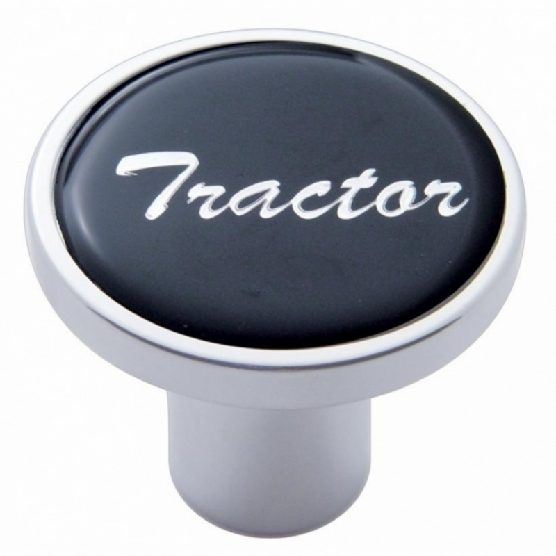 United Pacific Aluminum Screw-On Air Valve Knob With Glossy Tractor Script Sticker Black Sticker 23222