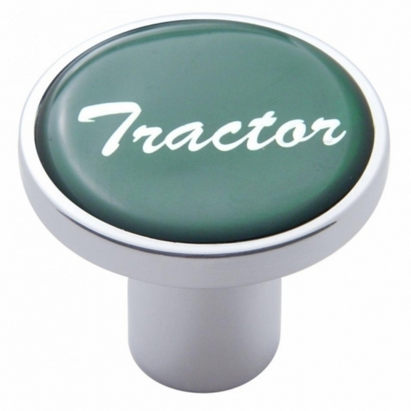 United Pacific Aluminum Screw-On Air Valve Knob With Glossy Tractor Script Sticker Green Sticker 23224