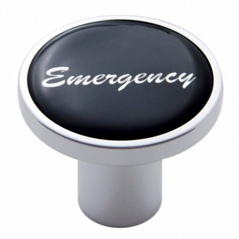 United Pacific Aluminum Screw-On Air Valve Knob With Glossy Emergency Script Sticker Black Sticker 23236