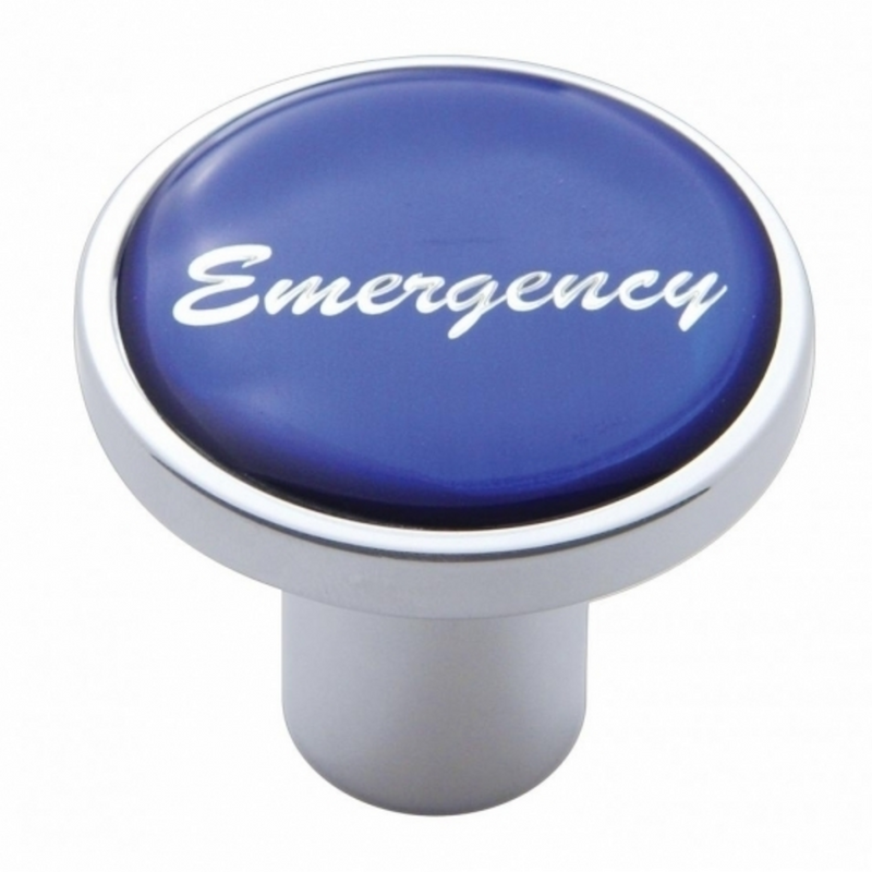 United Pacific Aluminum Screw-On Air Valve Knob With Glossy Emergency Script Sticker Blue Sticker 23237