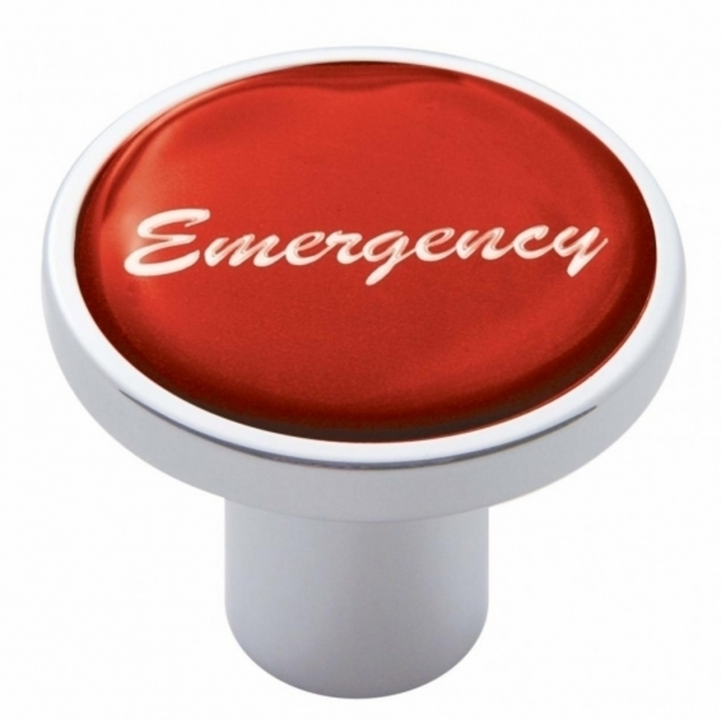 United Pacific Aluminum Screw-On Air Valve Knob With Glossy Emergency Script Sticker Red Sticker 23240