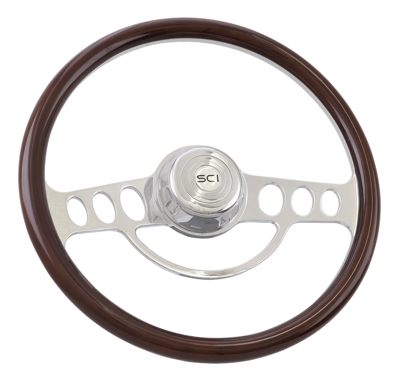 Steering Creations 18" Wood Rim, Half Wrap Billet Chrome Aluminum Steering Wheel- "The Caddy"