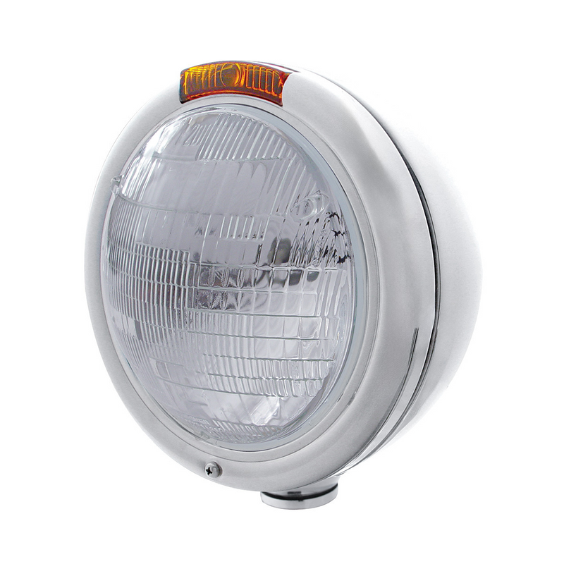 United Pacific Stainless Steel Classic Headlight 6014 Bulb & Turn Signal Amber Lens 30373