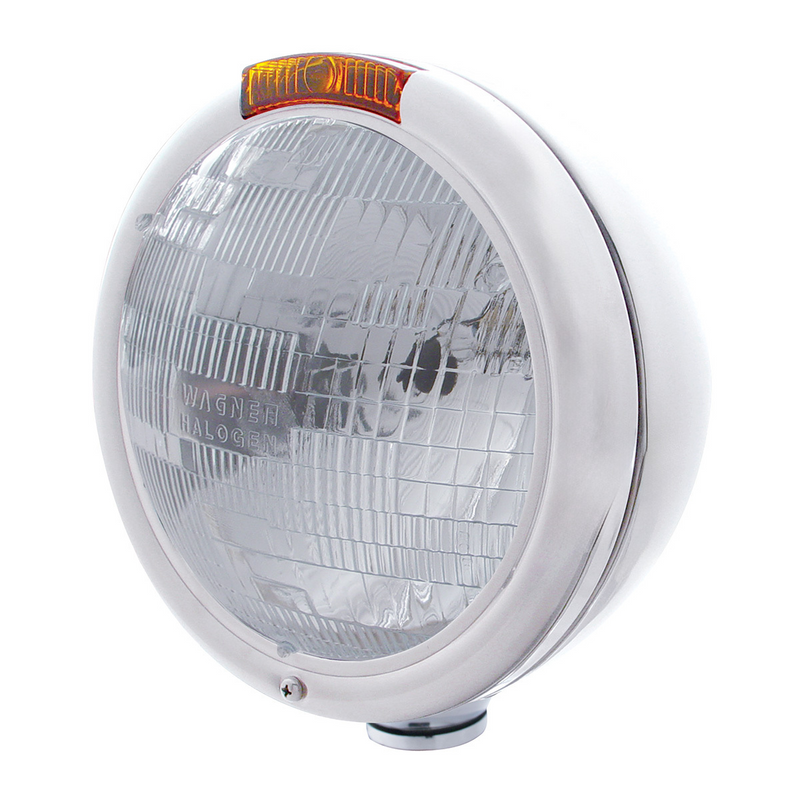 United Pacific Stainless Steel "Classic" Headlight H6024 Bulb & Turn Signal Amber Lens 30405