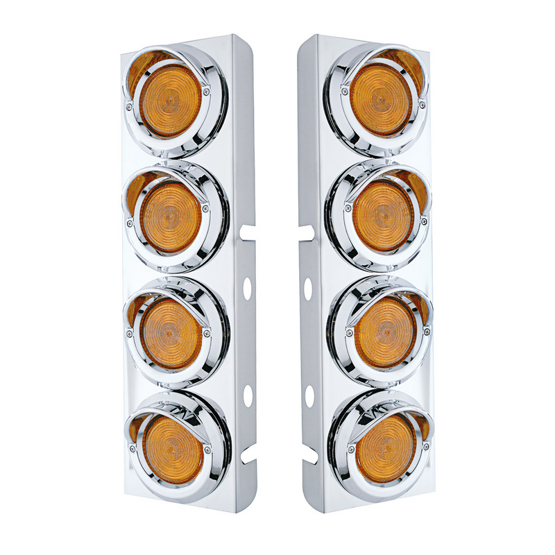 United Pacific Stainless Front Air Cleaner Bracket With 8X 2" Flat Lights & Visors For Peterbilt Amber Lens 30771