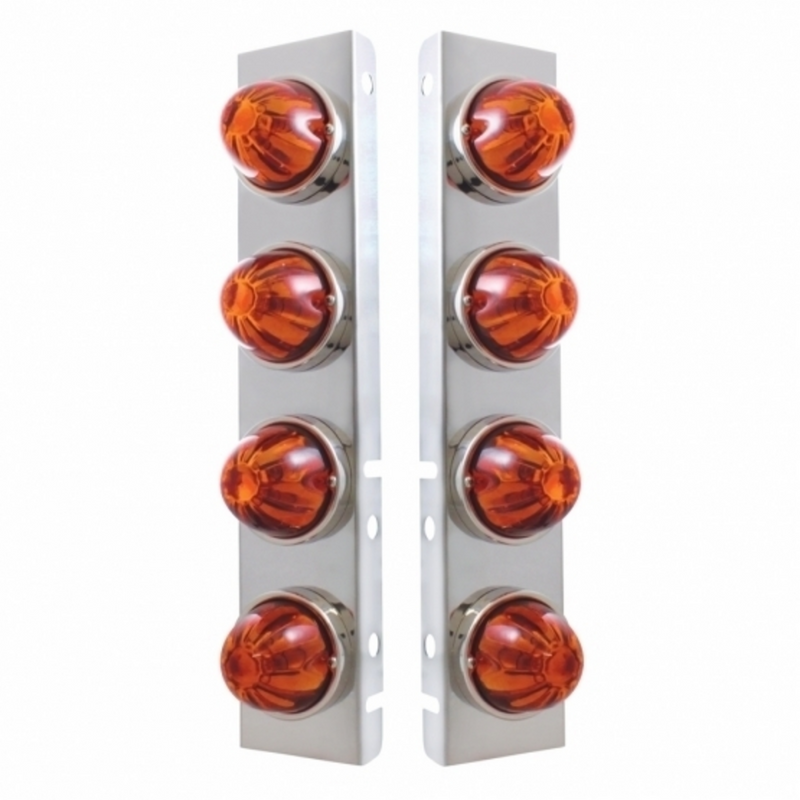 United Pacific SS Front Air Cleaner Bracket With 8X Glass Watermelon Lights & SS Bezels For Peterbilt-Dark Amber Lens 30983