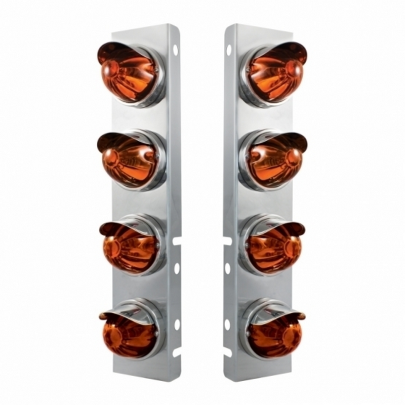 United Pacific SS Front Air Cleaner Bracket With 8X Glass Watermelon Lights & SS Visors For Peterbilt-Dark Amber Lens 30984