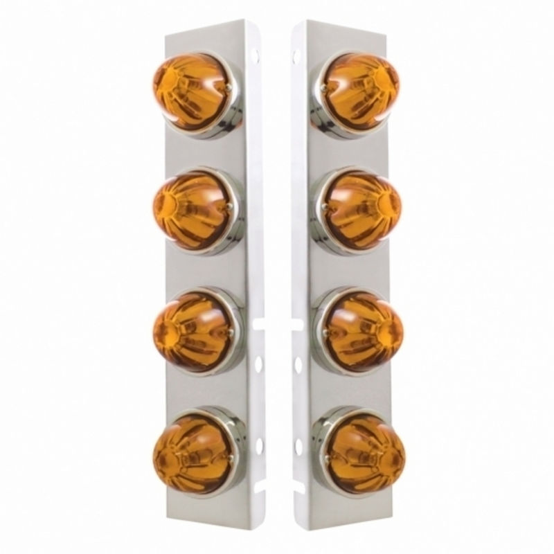 United Pacific SS Front Air Cleaner Bracket With 8X Glass Watermelon Lights & SS Bezels For Peterbilt-Amber Lens 30985