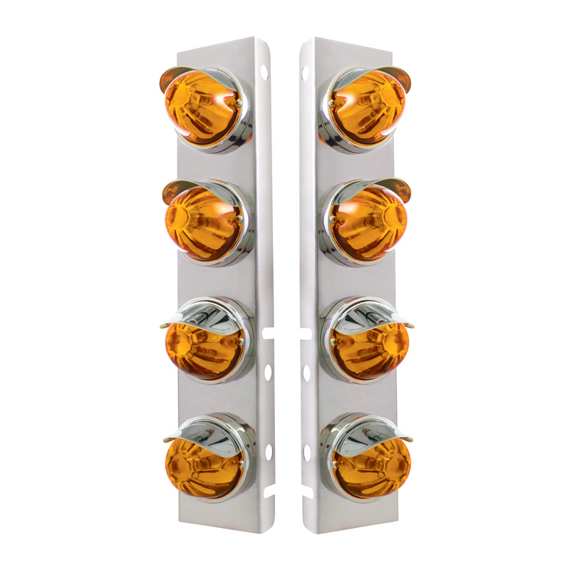United Pacific SS Front Air Cleaner Bracket With 8X Glass Watermelon Lights & SS Visors For Peterbilt -Amber Lens 30986