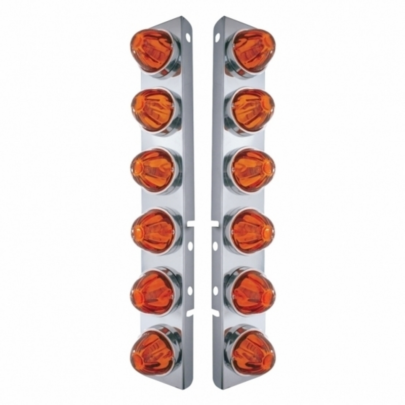 United Pacific SS Front Air Cleaner Bracket With 12X Glass Watermelon Lights & SS Bezels For Peterbilt-Dark Amber Lens 30996
