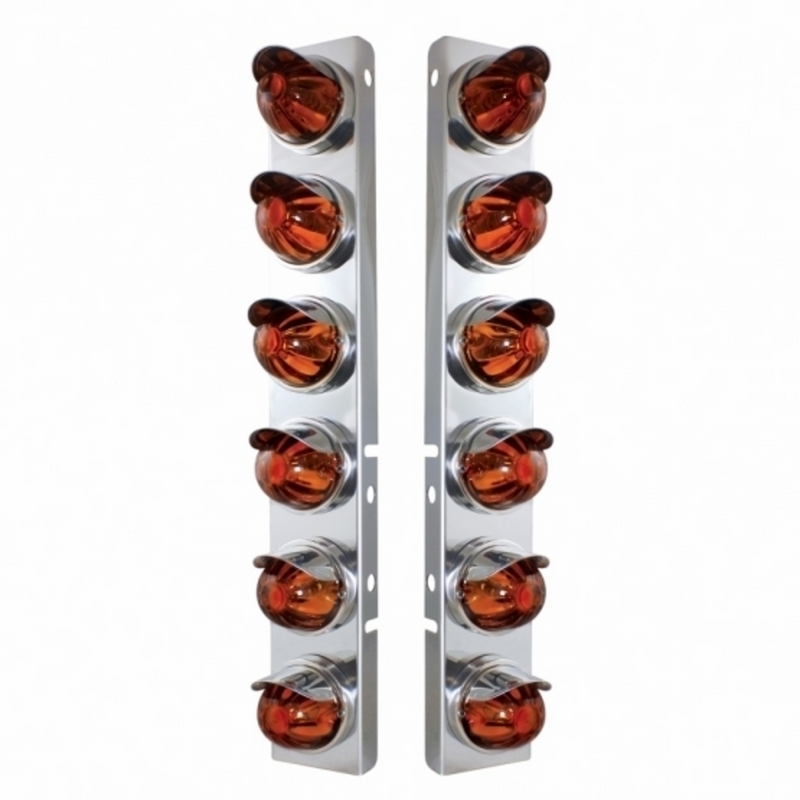 United Pacific SS Front Air Cleaner Bracket With 12X Glass Watermelon Lights & SS Visors For Peterbilt-Dark Amber Lens 30997