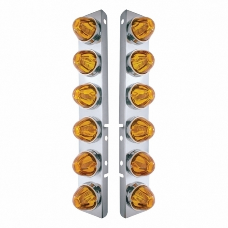 United Pacific SS Front Air Cleaner Bracket With 12X Glass Watermelon Lights & SS Bezels For Peterbilt-Amber Lens 30998