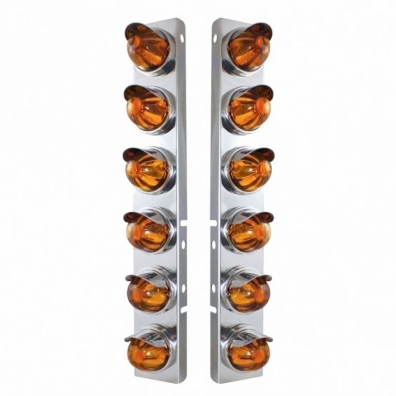 United Pacific SS Front Air Cleaner Bracket With 12X Glass Watermelon Lights & SS Visors For Peterbilt-Amber Lens 30999