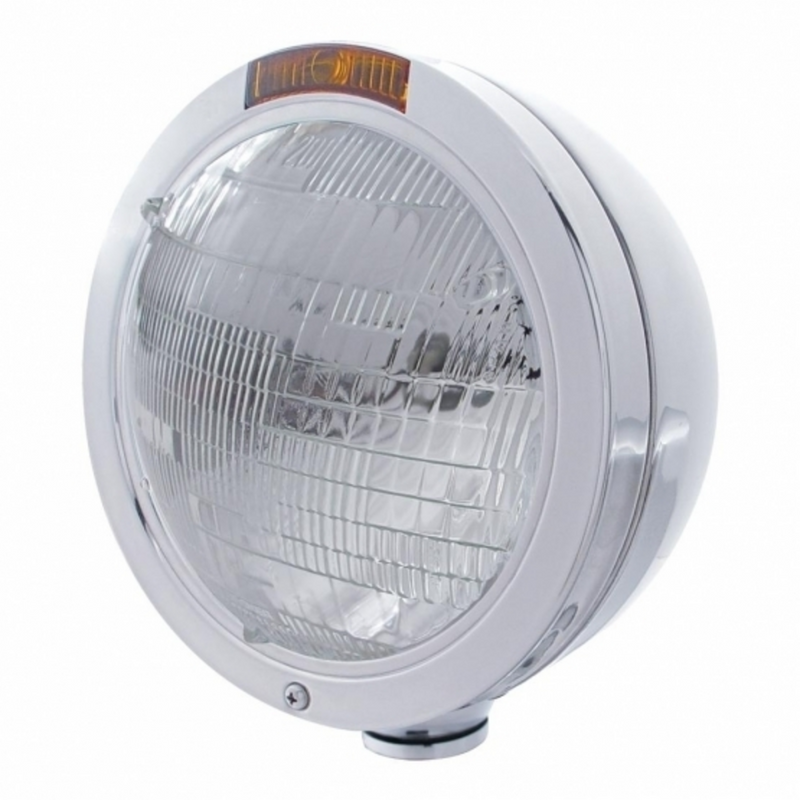 United Pacific Stainless Steel Bullet Classic Headlight 6014 Bulb & Turn Signal Amber Lens 31193