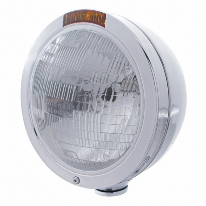United Pacific Stainless Steel Bullet Classic Headlight H6024 Bulb & Turn Signal Amber Lens 31195