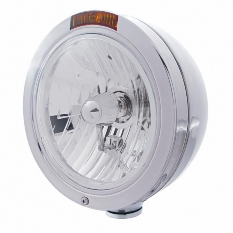 United Pacific Stainless Steel Bullet Classic Headlight Crystal H4 Bulb & Turn Signal Amber Lens 31199