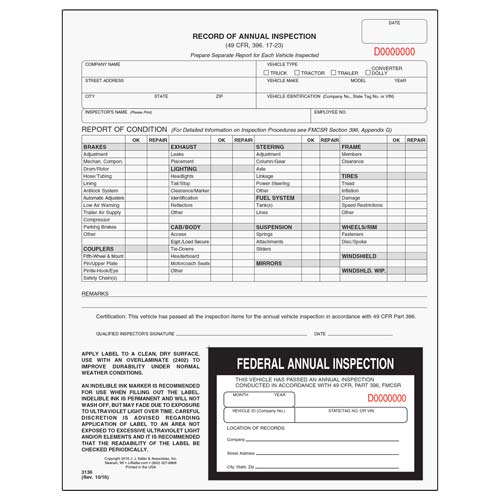JJ KELLER Inspection Record Carbonless w/Decal 2 Plies