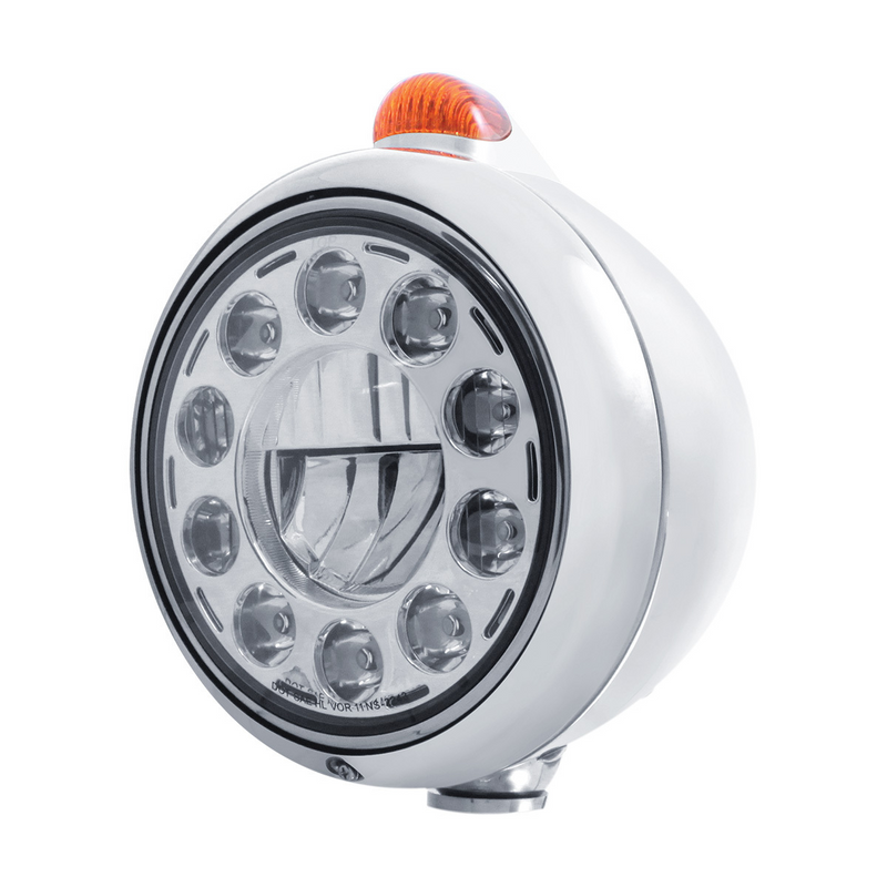 United Pacific Chrome Guide 682-C Headlight 11 LED Bulb & Dual Mode LED Signal Amber Lens 31490