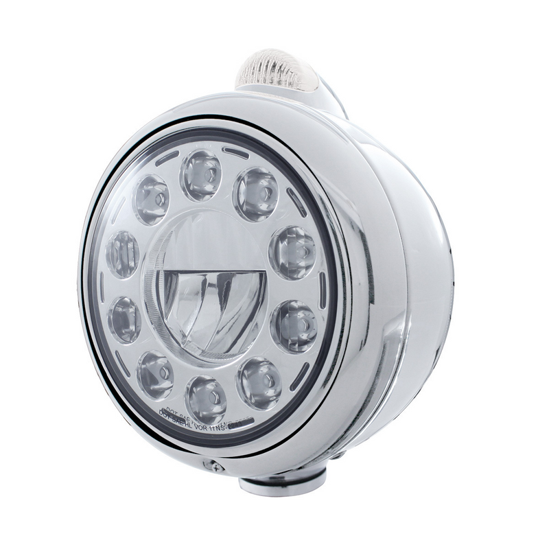United Pacific Chrome Guide 682-C Headlight 11 LED Bulb & Dual Mode LED Signal Clear Lens 31491