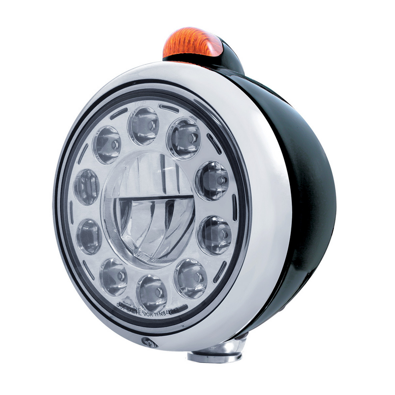 United Pacific Black Guide 682-C Headlight 11 LED Bulb & Dual Mode LED Signal Amber Lens 31564