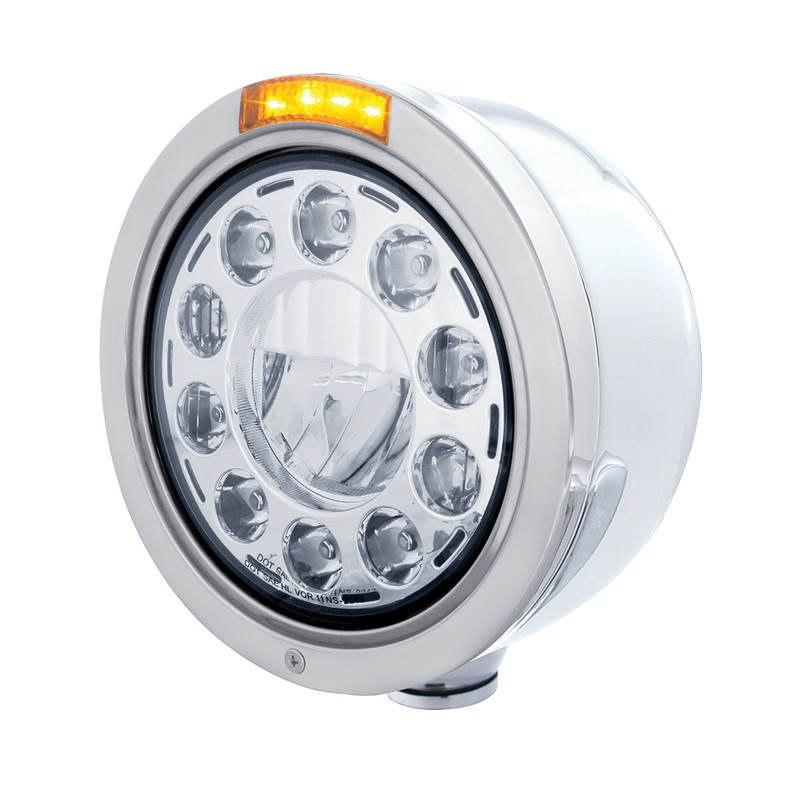 United Pacific Stainless Bullet Half Moon Headlight 11 LED Bulb & LED Signal Amber Lens 31566