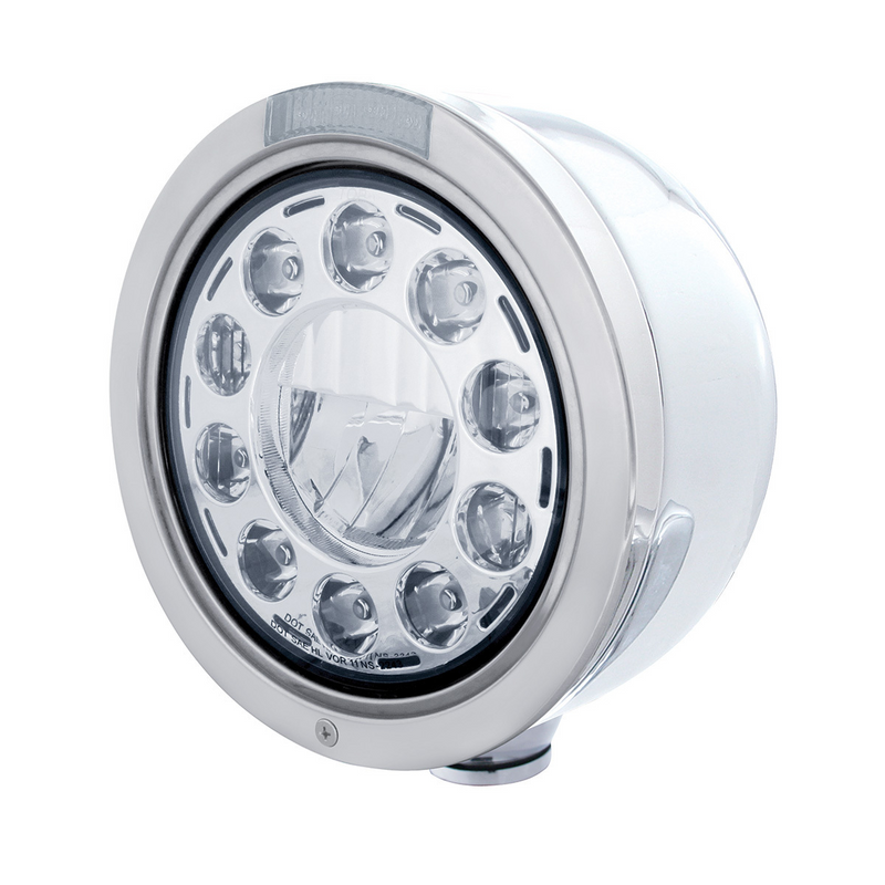 United Pacific Stainless Bullet Half Moon Headlight 11 LED Bulb & Dual Mode LED Signal Clear Lens 31569
