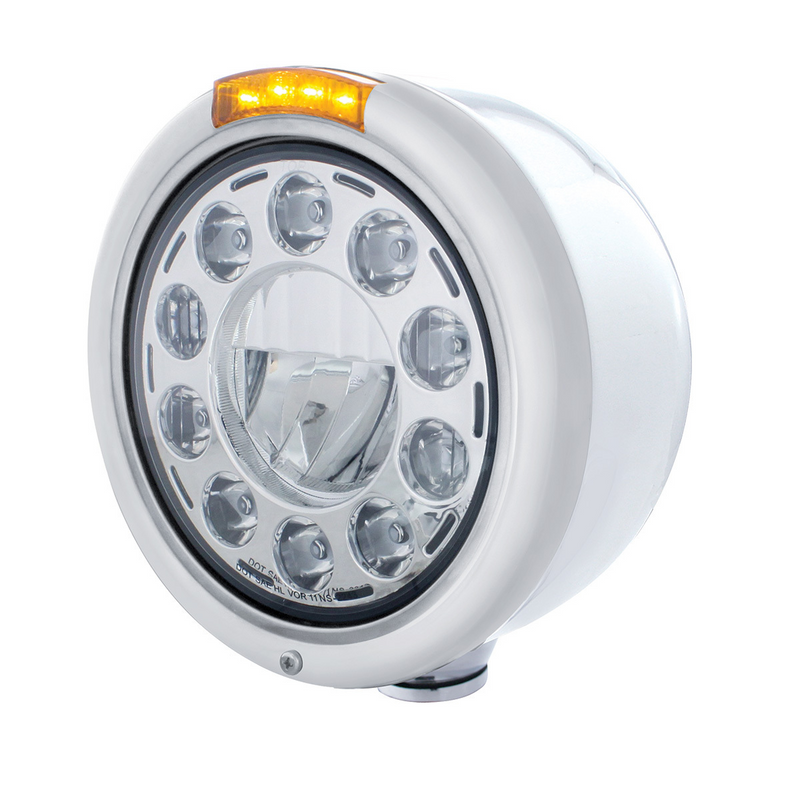 United Pacific Stainless Classic Half Moon Headlight 11 LED Bulb & Dual Mode LED Signal-Amber Lens 31572