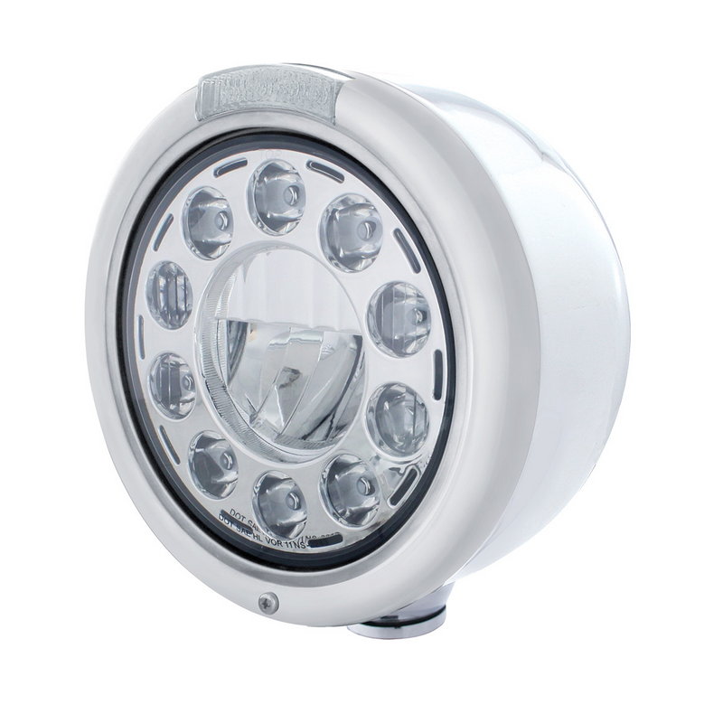 United Pacific Stainless Classic Half Moon Headlight 11 LED Bulb & Dual Mode LED Signal-Clear Lens 31573