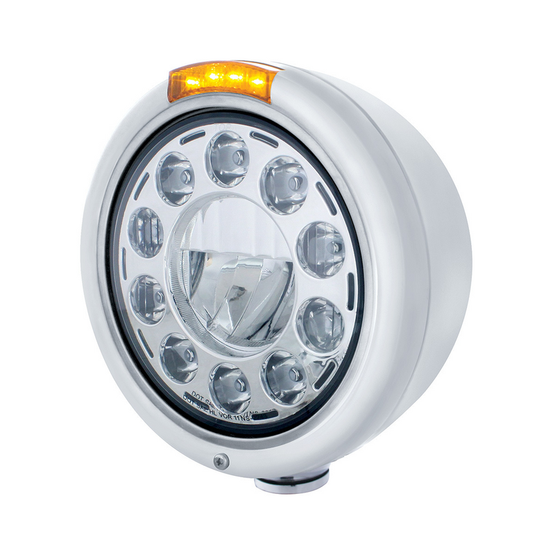 United Pacific Stainless Classic Headlight 11 LED Bulb & LED Signal Amber Lens 31578