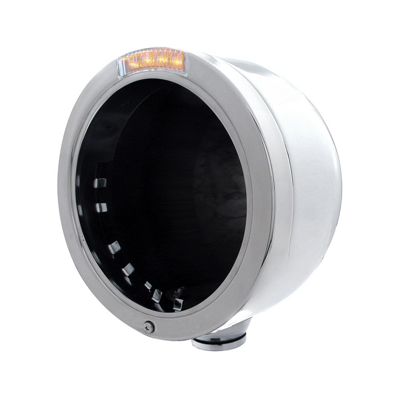 United Pacific Stainless Steel Bullet Half Moon Headlight No Bulb With LED Turn Signal Clear Lens 31702