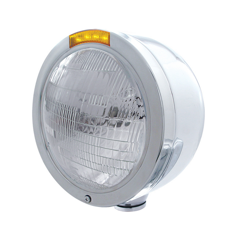 United Pacific Stainless Steel Bullet Half Moon Headlight 6014 Bulb & LED Turn Signal Amber Lens 31704
