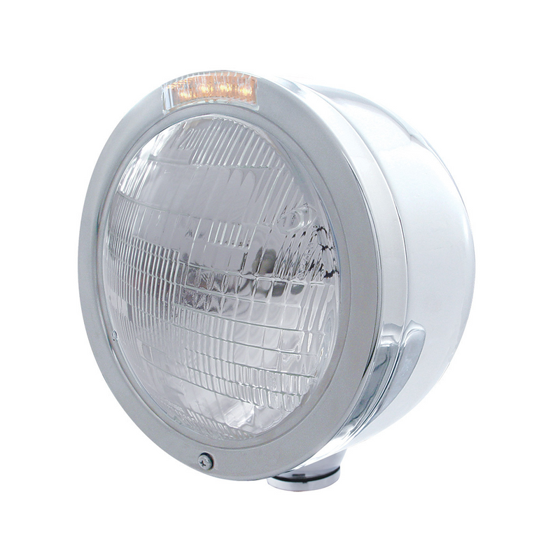 United Pacific Stainless Steel Bullet Half Moon Headlight 6014 Bulb & LED Turn Signal Clear Lens 31705