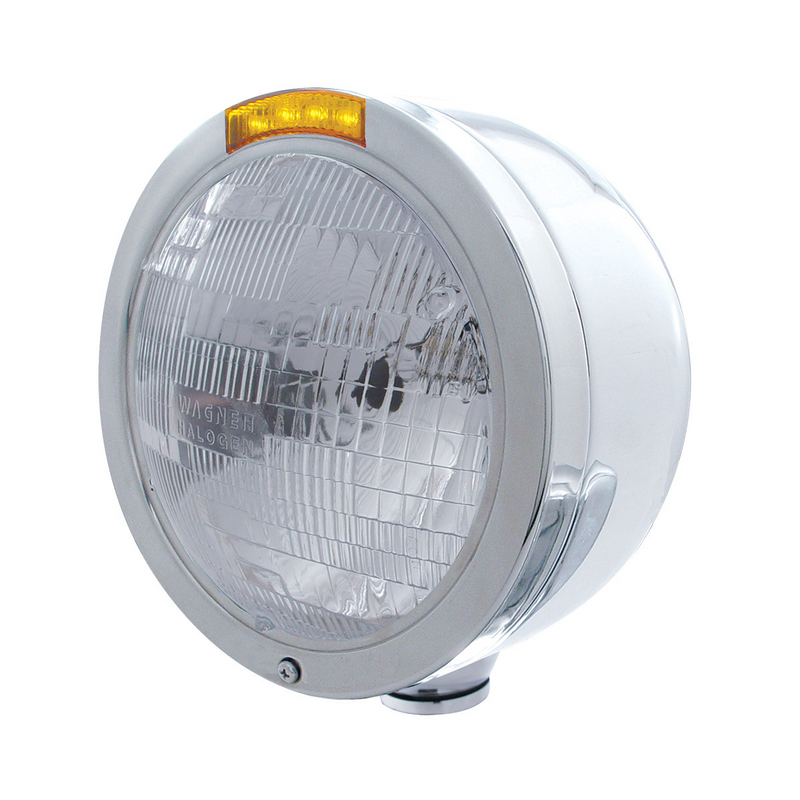 United Pacific Stainless Steel Bullet Half Moon Headlight H6024 Bulb & LED Turn Signal Amber Lens 31707