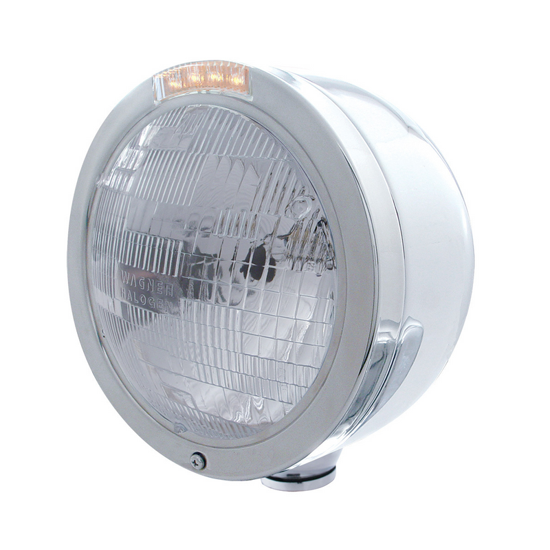 United Pacific Stainless Steel Bullet Half Moon Headlight H6024 Bulb & LED Turn Signal Clear Lens 31708