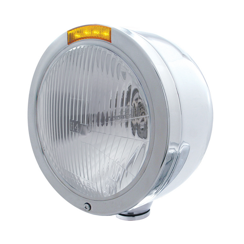 United Pacific Stainless Steel Bullet Half Moon Headlight H4 Bulb & LED Turn Signal Amber Lens 31710