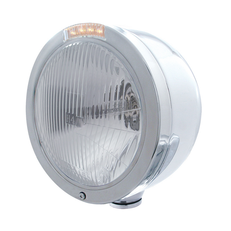 United Pacific Stainless Steel Bullet Half Moon Headlight H4 Bulb & LED Turn Signal Clear Lens 31711